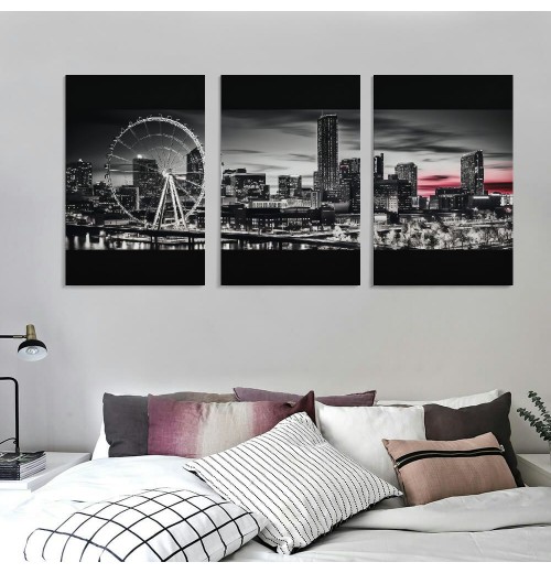 Ulloord Citysacape Canvas Decor Black and White City Picture Artwork for Living Room Bedroom Office Home Decorations Building Panoramic Painting Wall Art 