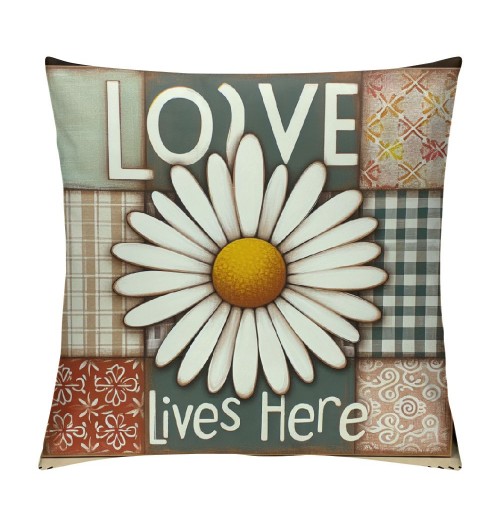 Ulloord Spring pillow Covers, Floral Daisy Bloom with Grace Love Lives Here Striped Plaid Farmhouse Decorative Throw pillowcases for Home Sofa Couch Decoration