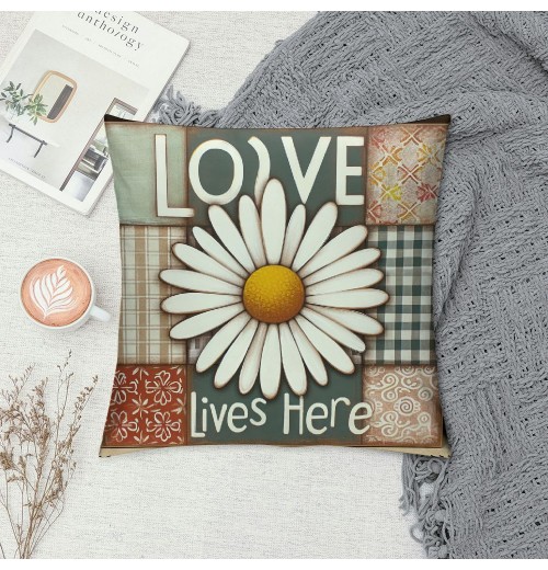 Ulloord Spring pillow Covers, Floral Daisy Bloom with Grace Love Lives Here Striped Plaid Farmhouse Decorative Throw pillowcases for Home Sofa Couch Decoration