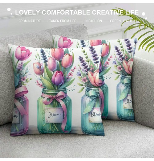 Ulloord Spring pillow Covers, Floral Bloom with Grace Farmhouse Decorative Throw pillowcases for Home Sofa Couch Decoration