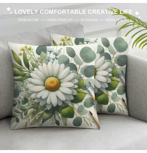 Ulloord pillow Covers Beige Bufflo Plaid Daisy Eucalyptus Leaves Decorative White Grey Throw pillow Covers Bloom with Grace pillowcase Spring Summer Decorations Farmhouse Decor