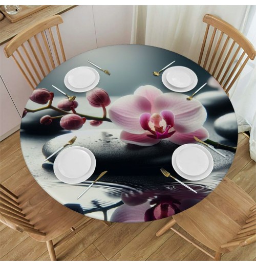 Ulloord  Round Table Fitted Table Cover with Elastic Edged Japanese Zen Bamboo Flower Orchid Waterproof Table  for Party Kitchen Dining Indoor Outdoor Table