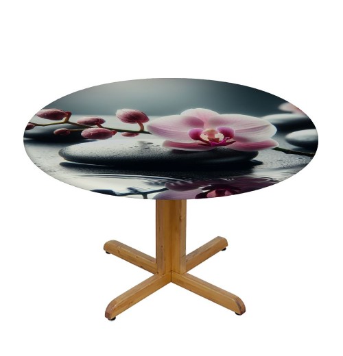 Ulloord  Round Table Fitted Table Cover with Elastic Edged Japanese Zen Bamboo Flower Orchid Waterproof Table  for Party Kitchen Dining Indoor Outdoor Table