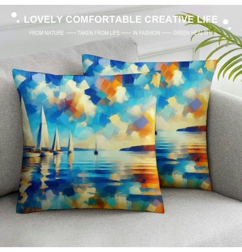 Ulloord Decorative Throw pillow Cover on Ocean Outdoor Decor Cushion Cover Square Oil Painting Sea Coastal Throws pillow Case for Sofa Couch