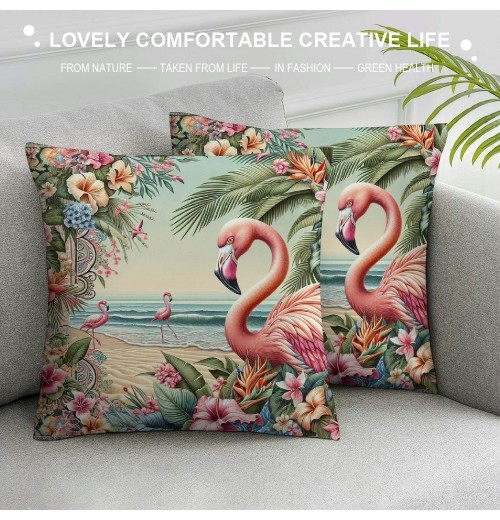 Vintage Christmas Style Farmhouse pillow Cover&nbsp;Flamingos Wear Santa Hats Decoraive Home Cushion CoverFlowers Outdoor Decor for Sofa Couch pillowcase ( Flamingo)