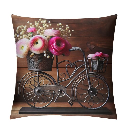 Ulloord &nbsp;Bicycle Throw pillow Covers with Spring Rose Flower pillow Case Brown Wood Background Farmhouse pillowcase for Home Sofa Couch Bedroom