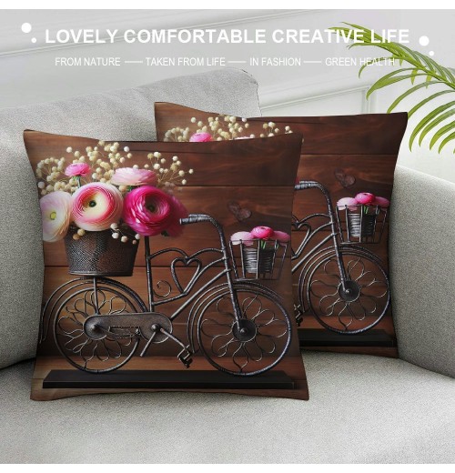 Ulloord &nbsp;Bicycle Throw pillow Covers with Spring Rose Flower pillow Case Brown Wood Background Farmhouse pillowcase for Home Sofa Couch Bedroom