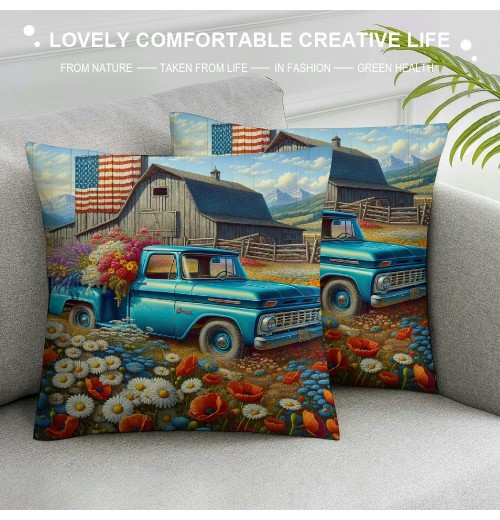 Ulloord Throw pillow Covers Vintage Blue Truck with White Daisy Flower Decorative pillow Covers American Flag Independence Day Flag pillow Case Cushion Cover