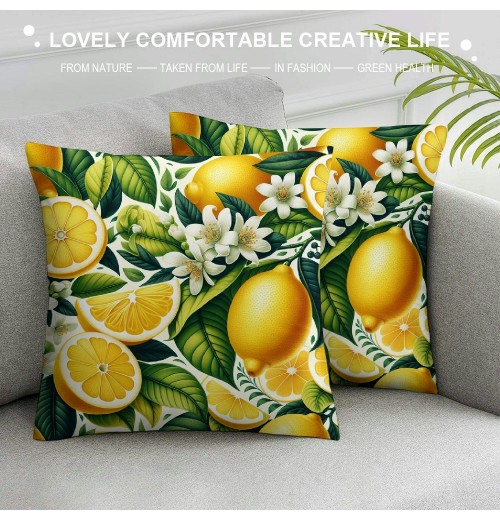 Ulloord  Decorative pillow Covers Summer Tropical Fresh Lemon Pattern with Green Leaves Throw pillow Case Super Soft Yellow Fruits Outdoor Decor Cushion Cases Cover for Sofa Bed