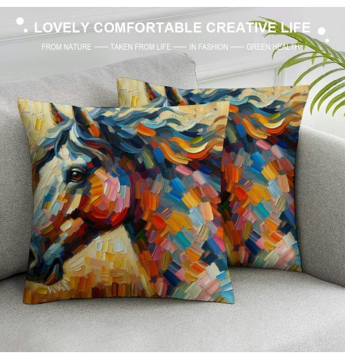  Oil Painting Throw pillow Cover Color Horse Pattern Decorative pillow Covers Square Outdoor Home Cushion Case Cover for Sofa