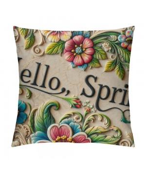 Ulloord  Hello Spring Quote Throw pillow Covers Plant with Flower Decorative pillow Cover pillowcase Colorful Cushion Cover