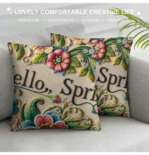 Ulloord  Hello Spring Quote Throw pillow Covers Plant with Flower Decorative pillow Cover pillowcase Colorful Cushion Cover