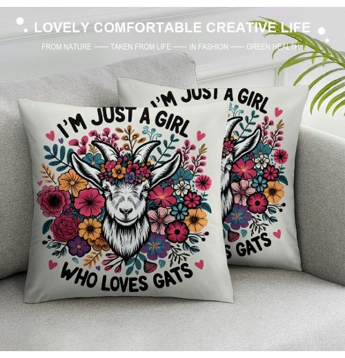 Ulloord Just A Girl Who Loves Goats Decorative Throw pillow Case Cover ,Cute Floral Goat Farm Animal Decorations for Home Bedroom Girls Room Office,Goat Lovers Gift,Farm Girls Gifts