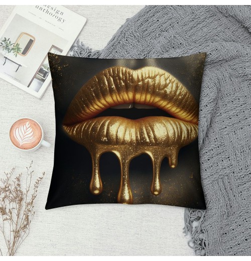 Ulloord  Gold Sexy Lip Throw pillow Covers Black Gold Lips Pattern Design Decorative pillow Case Super Soft Rock Punk Neoclassical Style Cushion Cover for Home Sofa