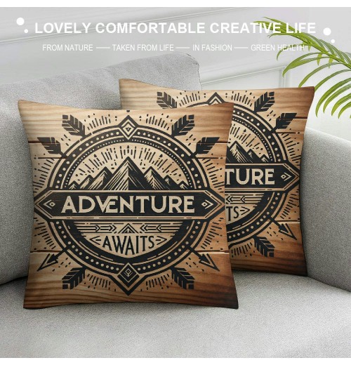 Ulloord  Vintage Wood Throw pillow Covers Happy Camper Decorative pillows Cover Square Adventure Awaits Quote pillowcase Home Decor