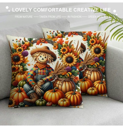 Ulloord  Throw pillow Covers Pumpkin Sunflower&nbsp;Maple Leaf Scarecrow Wreath Decorative Throw pillow Case Fall Flower Plant pillowcase Home Decor Sofa Couch