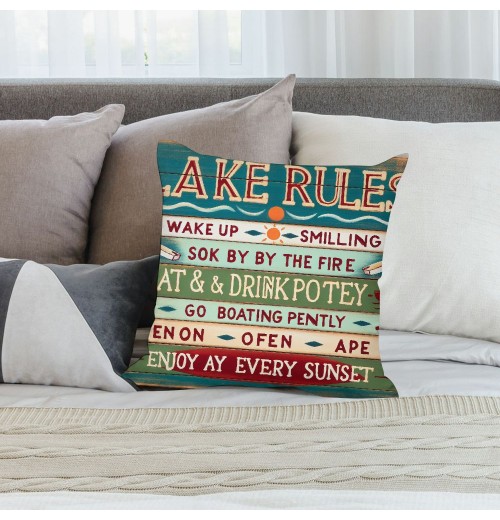 Ulloord  Funny Words Lake Rules Lettering pillow Covers Retro Wooden Decorative pillowcase Cushion Cover Home Sofa