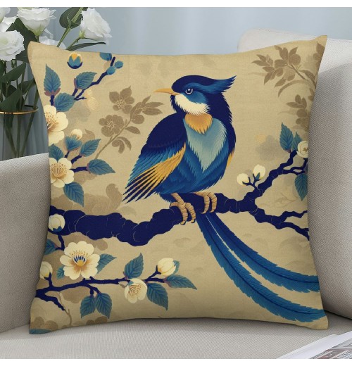 Ulloord  Vintage Rustic Birds Floral Throw pillow Cushion Cover Watercolor Blue Birds with Poppies Flowers Blooming pillow Covers pillow Case for Home Sofa