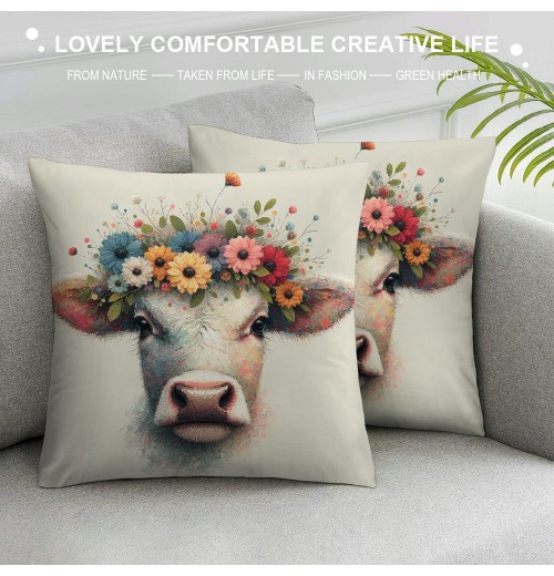 Ulloord  Farmhouse Cow pillow Covers Vintage Watercolor Animal Print Decor pillows case Cushion Cover Decorations Kids Sofa Bed Office(Cow Floral)