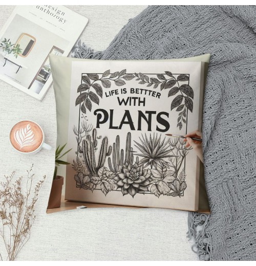 Ulloord Green Leaves pillow Covers Tropical Palm Leaf with Quote Life is Better with Plants Decorative Throw pillow Case Summer Cactus Cushion Cover for Home Sofa