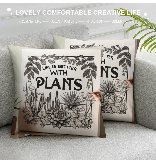 Ulloord Green Leaves pillow Covers Tropical Palm Leaf with Quote Life is Better with Plants Decorative Throw pillow Case Summer Cactus Cushion Cover for Home Sofa