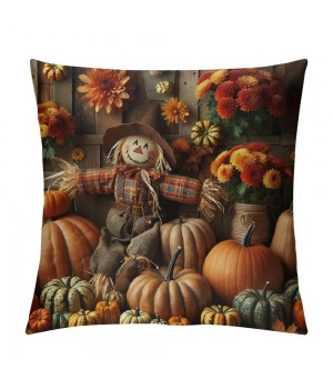 Ulloord pillow Covers Pumpkin Sunflower Fall Leavers Scarecrow Wreath Decorative Throw pillow Cover Vintage Wood Grain pillowcase Cushion Cover