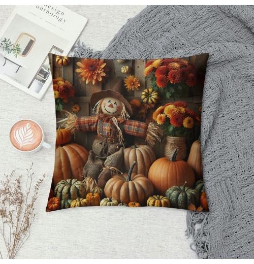 Ulloord pillow Covers Pumpkin Sunflower Fall Leavers Scarecrow Wreath Decorative Throw pillow Cover Vintage Wood Grain pillowcase Cushion Cover