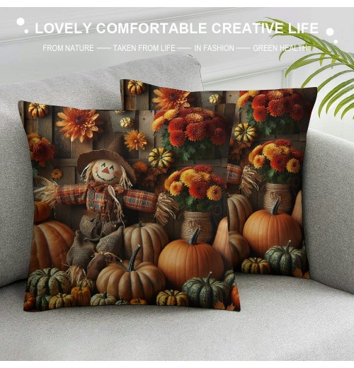 Ulloord pillow Covers Pumpkin Sunflower Fall Leavers Scarecrow Wreath Decorative Throw pillow Cover Vintage Wood Grain pillowcase Cushion Cover