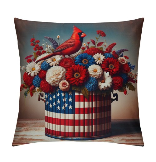 Ulloord  Red Bird Home Farmhouse pillow Covers Vintage American Flag with Sunflower Flower Farm pillow Cases Wood&nbsp;Memorial Day Theme pillows Cushion Cover for Sofa(USA Flag)