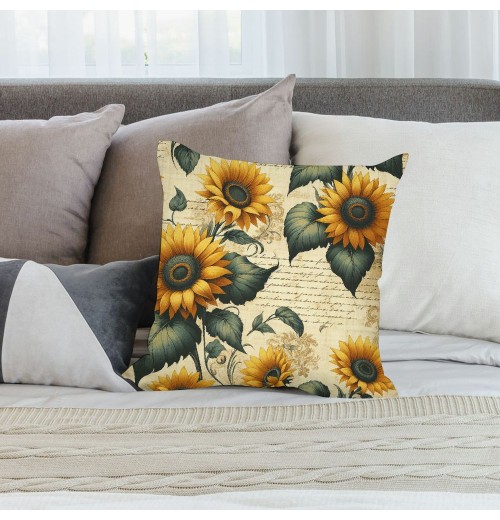 Ulloord  Vintage Sunflower Decorative pillow Cover Fresh Flower with Green Leaf Throw Farmhouse pillowcase Rustic Cushion Cover Home for Sofa