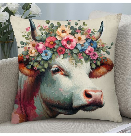 Ulloord Farmhouse Cow pillow Covers Vintage Watercolor Animal Print Decor pillows case Cushion Cover Decorations Kids Sofa Bed Office(Cow Floral)