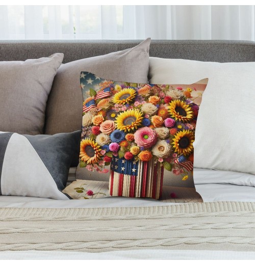 Ulloord Red Bird Home Farmhouse pillow Covers Vintage American Flag with Sunflower Flower Farm pillow Cases Wood&nbsp; Theme pillows Cushion Cover for Sofa(USA Flag)