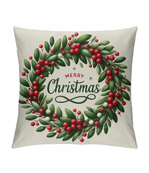 Ulloord  Merry Christmas Wreath Throw pillow Cover Home Decor Cushion Case for Sofa Couch Farmhouse Christmas Decorations