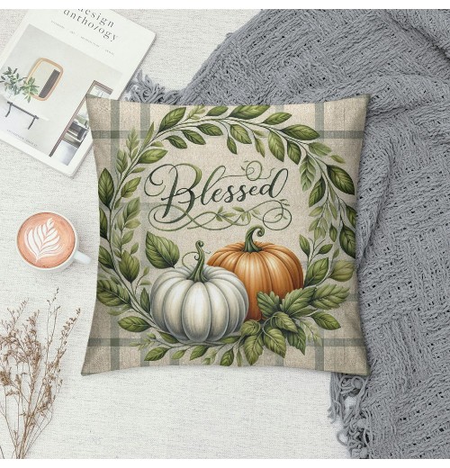 Ulloord  Fall pillow Covers Thanksgiving Gray Buffalo Check Farmhouse Decorations Blue Pumpkin Outdoor Autumn Farm pillows Decorative Throw Cushion Case for Home Decor