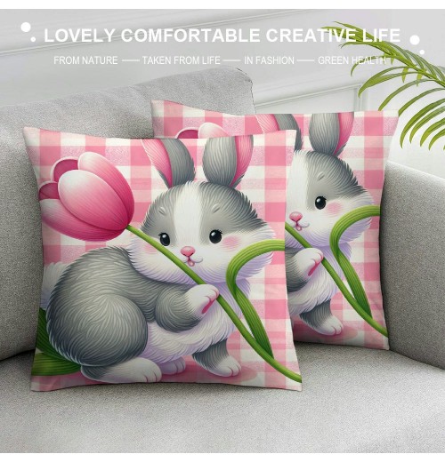 Ulloord  Easter pillow Covers Farmhouse Decorations for Spring Decorative Pink Buffalo Plaid Bunny Eggs Throw Cushion Case for Home Decor