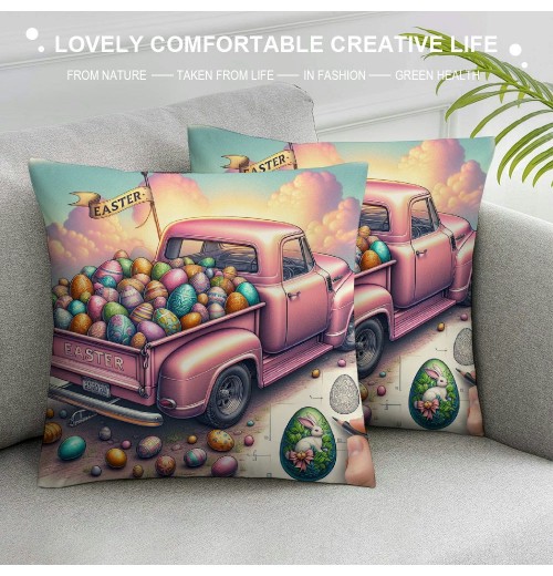 Ulloord pillow Covers, Rabbits Bunny Hello Peeps Eggs Truck Striped Farmhouse Decorative Throw pillowcases for Home Sofa Couch Decoration