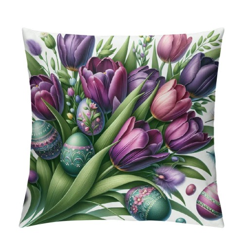 Ulloord Purple Tulips Rabbit Easter pillow Covers Buuny Eggs Easter Decorations Flowers Spring Farmhouse Throw Cushion Case for Home Sofa Couch