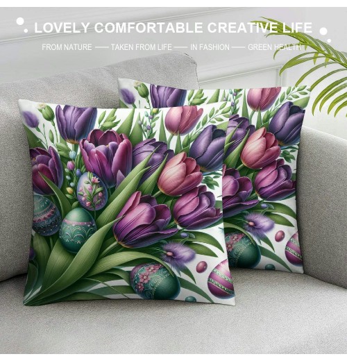 Ulloord Purple Tulips Rabbit Easter pillow Covers Buuny Eggs Easter Decorations Flowers Spring Farmhouse Throw Cushion Case for Home Sofa Couch