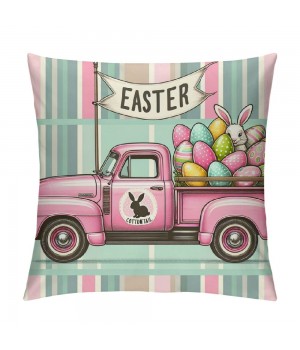 Ulloord pillow Covers, Rabbits Bunny Hello Peeps Eggs Truck Striped Farmhouse Decorative Throw pillowcases for Home Sofa Couch Decoration