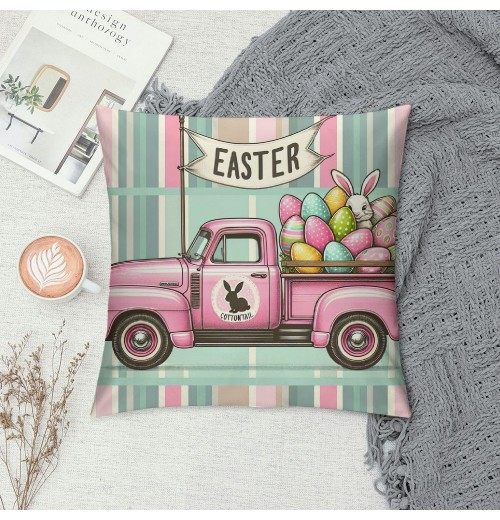 Ulloord pillow Covers, Rabbits Bunny Hello Peeps Eggs Truck Striped Farmhouse Decorative Throw pillowcases for Home Sofa Couch Decoration