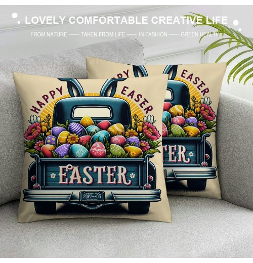 Ulloord Easter pillow Covers Easter Decorations for Home Bunny Truck Hello pillows Easter Decorative Throw pillows Spring Easter Farmhouse Decor