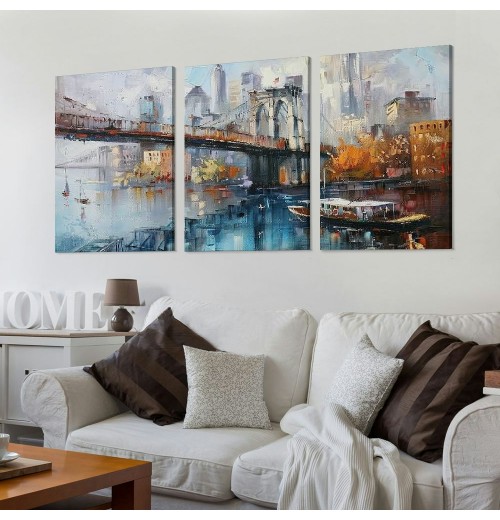 Brooklyn Bridge Wall Art New York Canvas Abstract Cityscape Painting, NYC Skyline Textured Picture Modern Colorful Artwork Framed for Living Room Bedroom Bathroom Office Home Decor 