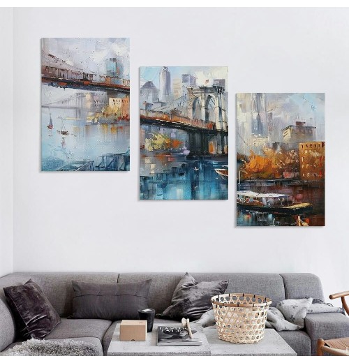 Brooklyn Bridge Wall Art New York Canvas Abstract Cityscape Painting, NYC Skyline Textured Picture Modern Colorful Artwork Framed for Living Room Bedroom Bathroom Office Home Decor 