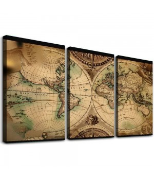 World Map Wall Art Canvas Old Nautical Map Picture Beige Retro Painting Globe Spherical Vintage Map Artwork for Bedroom Living Room Study Room Teens Room Home Office Large Decor 