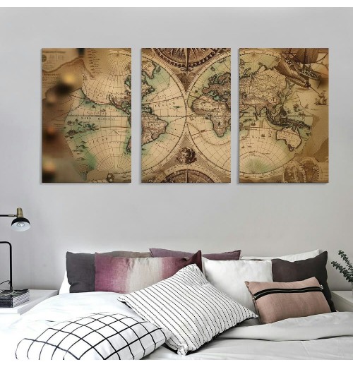 World Map Wall Art Canvas Old Nautical Map Picture Beige Retro Painting Globe Spherical Vintage Map Artwork for Bedroom Living Room Study Room Teens Room Home Office Large Decor 