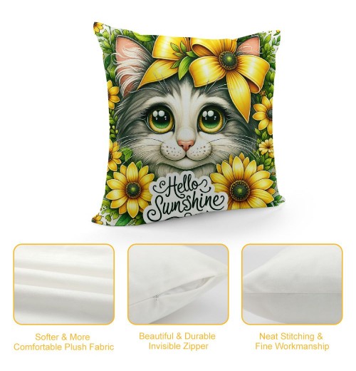 PHYHOO Summer pillow Cover Cat Decor Sunflower Farmhouse Seasonal pillow Case Decorations for Home Sofa Couch (Yellow)