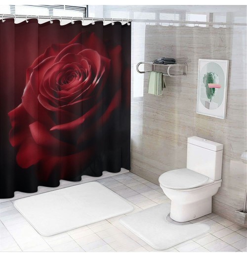 Shangniulu Art Red Roses Bathroom Set with Shower Curtain and Rugs, Toilet Lid Cover, Bath Mat, Romantic Roses Shower Curtains for Bathroom Decor, Waterproof Fabric Bathroom Shower Curtain Sets with 