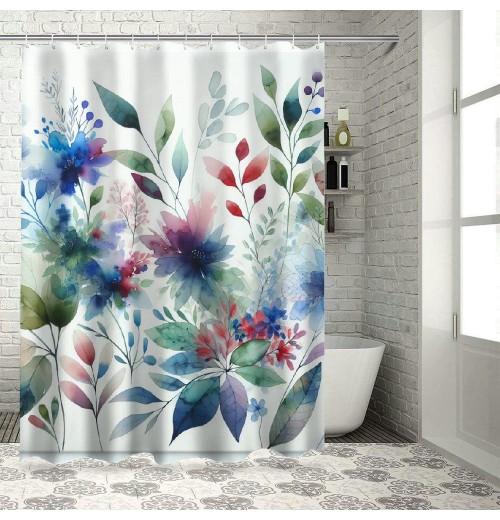 Shangniulu Spring Shower Curtain for Bathroom, Watercolor Green Leaves Plant Shower Curtain Set with Hooks, Washable Durable Polyester Fabric