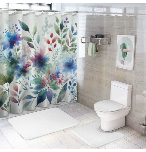 Shangniulu Spring Shower Curtain for Bathroom, Watercolor Green Leaves Plant Shower Curtain Set with Hooks, Washable Durable Polyester Fabric