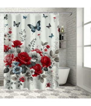 Shangniulu Red Rose Shower Curtain Retro Rose Floral Decorative Bath Curtain Polyester Fabric Waterproof Bathroom Curtain with Hooks